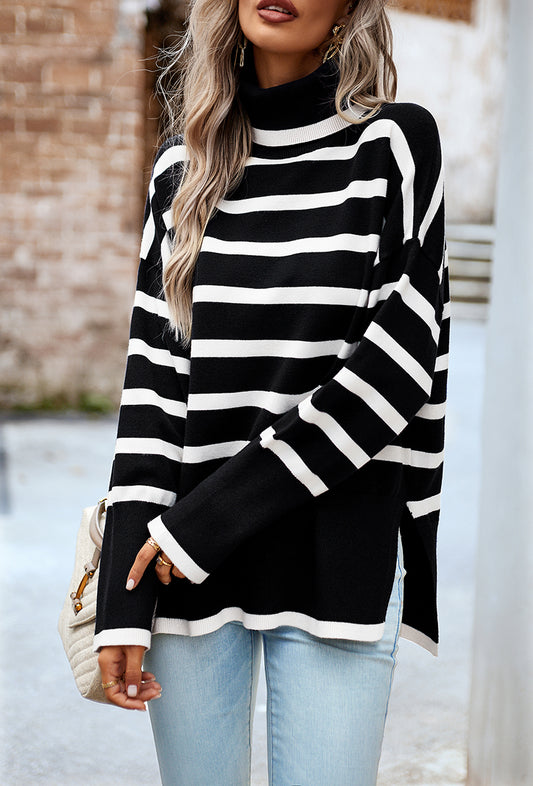 Black & White long-sleeved striped knit casual pullover sweater