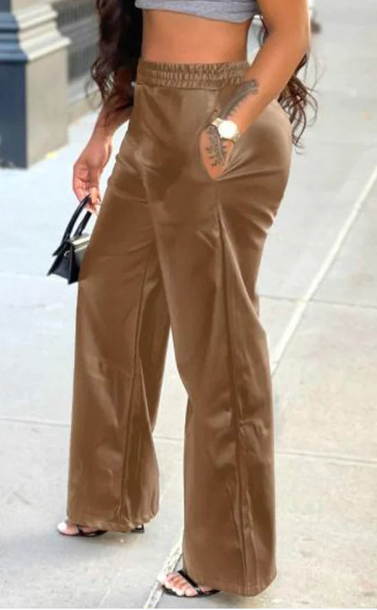 Leather Wide Leg Pant With Pocket Design