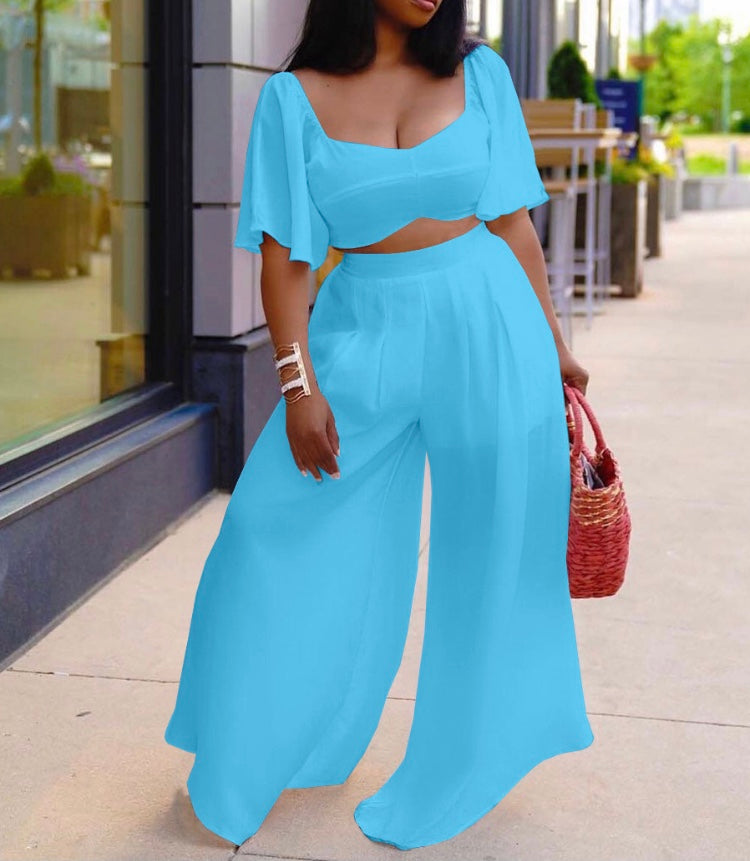 Plus Tie Detail Top & Wide Leg 2pc Pant Set