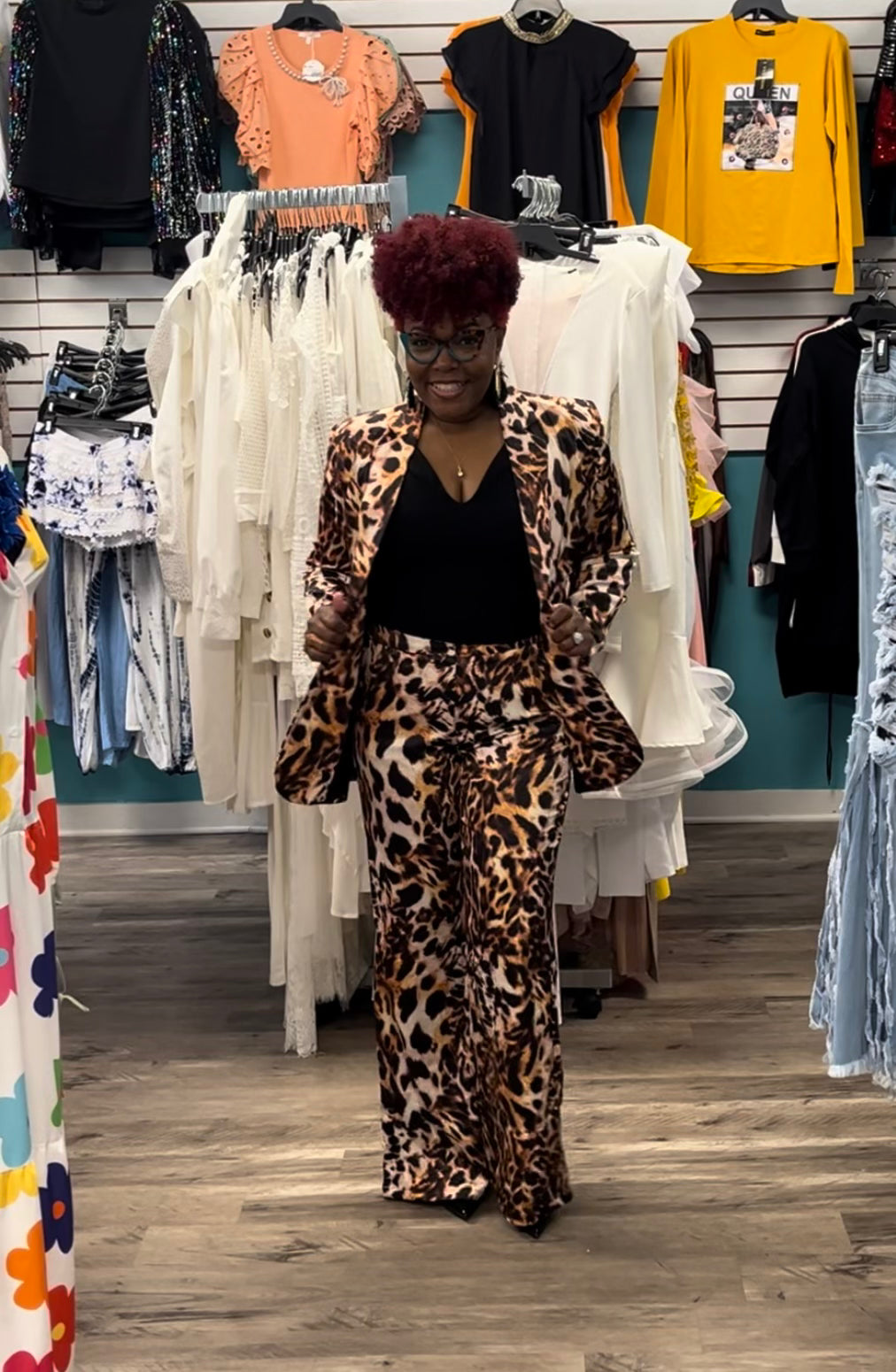Val Satin 2pc Pant Suit w/Belt - ANIMAL PRINT