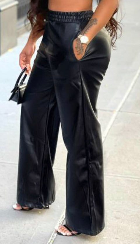 Leather Wide Leg Pant With Pocket Design