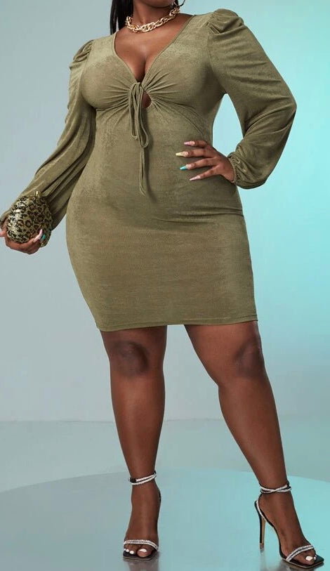 Lace-Up Front Lantern Sleeve Dress