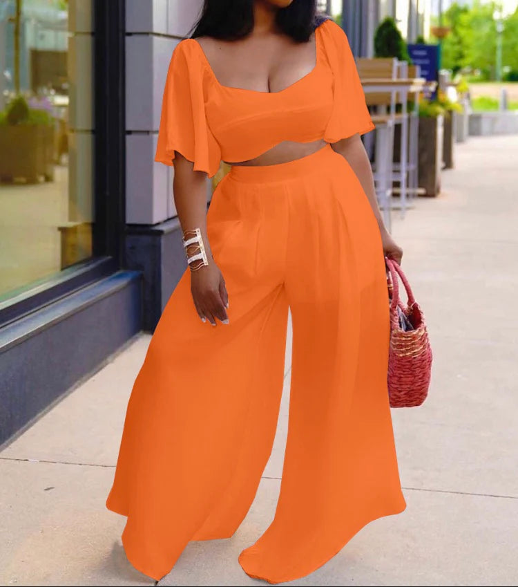Plus Tie Detail Top & Wide Leg 2pc Pant Set