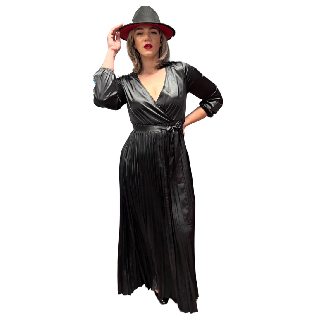 Pleasingly Pleated Black Satin Dress L Pleasingly Pleated Black Satin Dress L