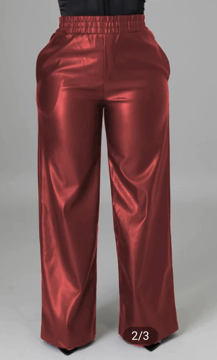Leather Wide Leg Pant With Pocket Design