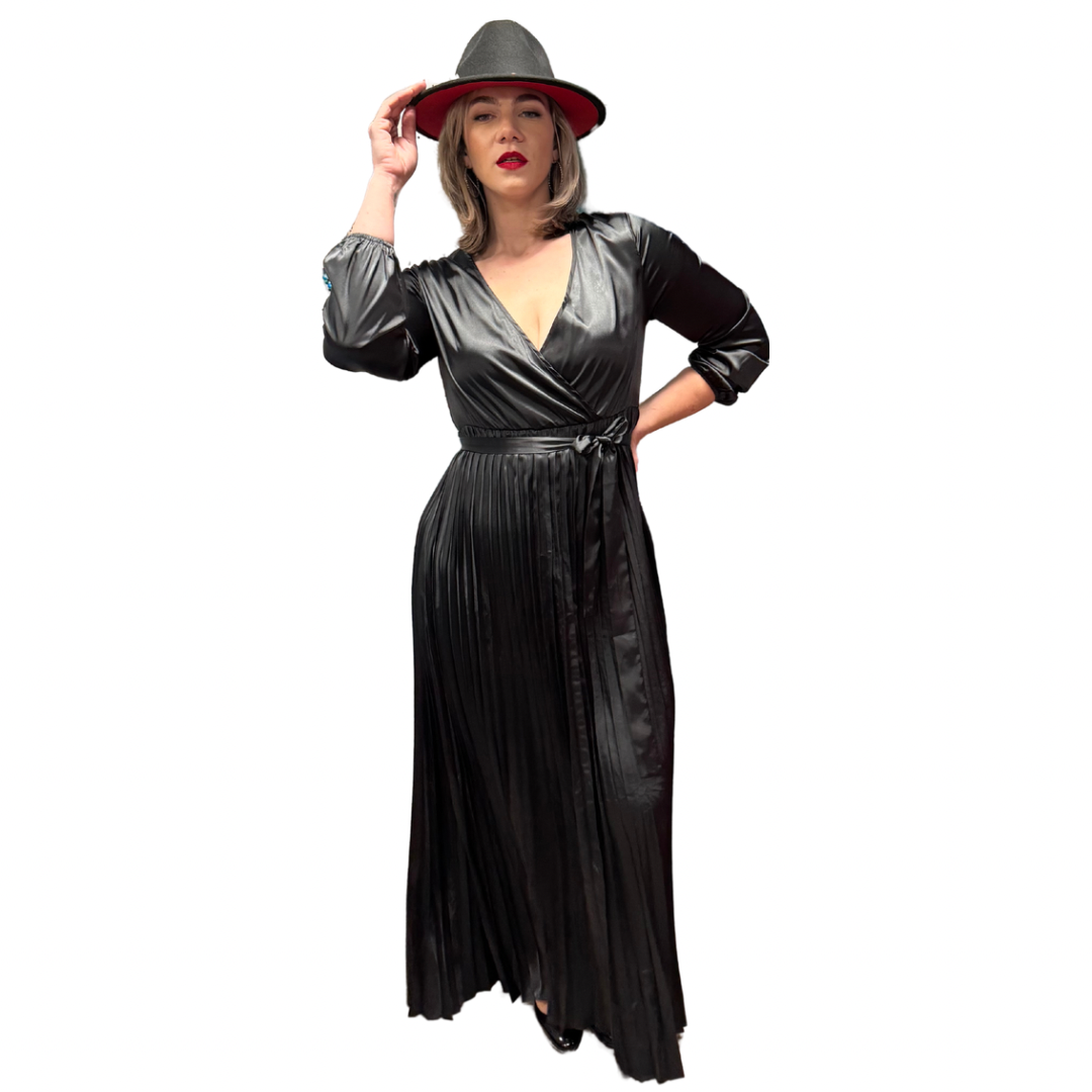 Pleasingly Pleated Black Satin Dress